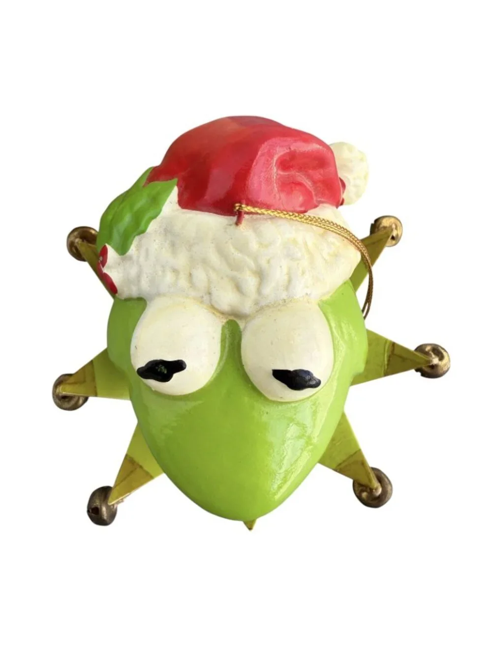 VTG Kermit Frog Head w/ Bells Paper Mache Tree Ornament 1981 Jim Henson w/ Box